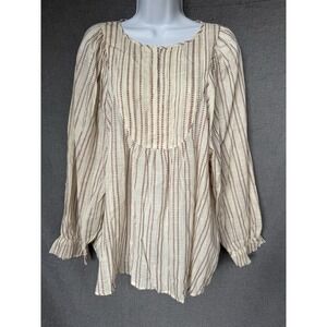 Elizbeth and James Sz L Red and Cream Popover Peasant Blouse boho beachy NWT